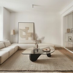 Wall Mural - Minimalist living room with a white sofa, a glass coffee table, a rug, and a minimalist painting.