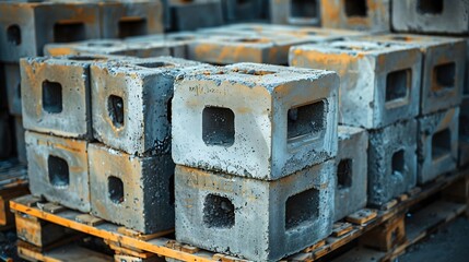 Concrete Cinder Blocks in Industrial Pallets Grey brick Shapes building material New for use on construction site or store in europe : Generative AI