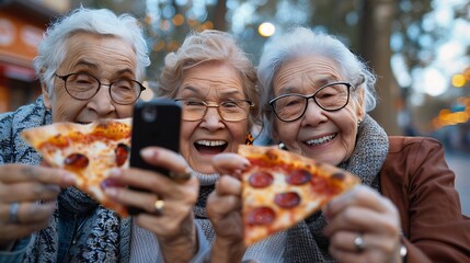 Wall Mural - Three senior women eating pizza slice sitting outside  Happy female friends  taking selfie picture with smart phone   Life style concept with mature people having fun together hanging  : Generative AI