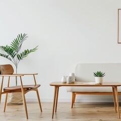 Poster - Minimalist living room with wooden furniture, a potted plant and a white couch.