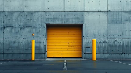 Opening yellow iron shutter door of garage and industrial building warehouse exterior facade with grey concrete road side view nobody : Generative AI