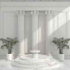 Poster - Minimalist white marble podium with columns and plants.