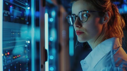 Poster - A woman wearing glasses stands in front of a server, suitable for use in presentations, conferences or IT-related themes