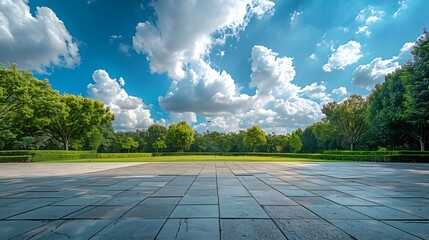 Aufkleber - Empty square floor and green forest with sky clouds background Panoramic view : Generative AI