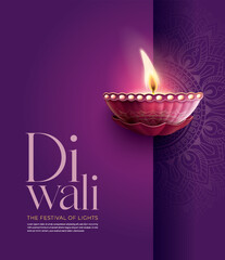 Poster - Happy Diwali festival with oil lamp, Rangoli decoration with Diya, Diwali holiday Background with rangoli, Diwali celebration greeting card,vector.