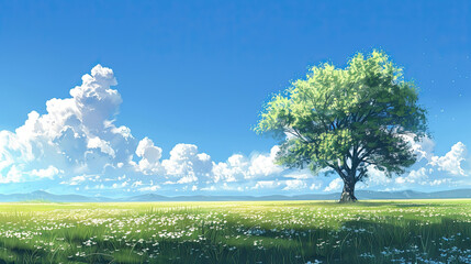 Wall Mural - A beautiful meadow with fresh grass and a tree, mingled with the clouds in the blue sky.