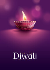 Poster - Happy Diwali festival with oil lamp, Rangoli decoration with Diya, Diwali holiday Background with rangoli, Diwali celebration greeting card,vector.