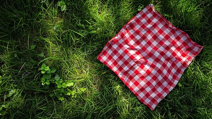 Wall Mural - Red checkered tablecloth on grassempty space blank Food design advertisement template Picnic place Checked cloth Napking laying outdoor : Generative AI