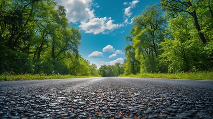 Canvas Print - Empty square or road through green forest trees under blue sky and clouds : Generative AI