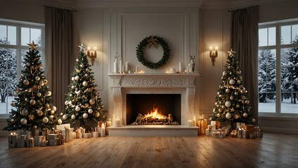 Wall Mural - Christmas Winter Decoration Interior Background, 3d Rendering