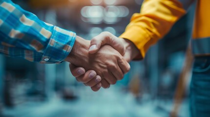 Poster - Construction workers architects and engineers shake hands while working for teamwork and cooperation after completing an agreement in an office facility successful cooperation concept : Generative AI