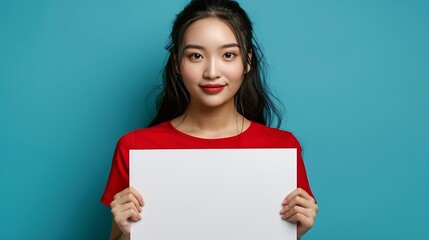 Asian woman wearing red shirt showing and holding blank white billboard isolated on blue background : Generative AI