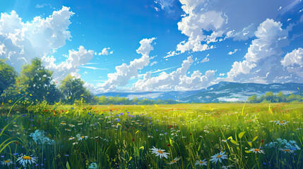 Wall Mural - A beautiful meadow with fresh grass and flowers, mingled with the clouds in the blue sky.