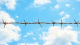 Barbed wire stretches across the frame, its sharp, twisted strands silhouetted against a vast sky. 
