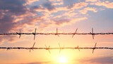 Barbed wire stretches across the frame, its sharp, twisted strands silhouetted against a vast sky. 