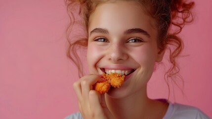 Cheerful beautiful girl smiling while eating nuggets on camera isolated over pink background : Generative AI