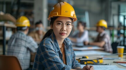 Poster - Diverse engineer team working at the office table with construction plans and architect equipment and planning construction project Focus on an asian vietnamese woman team leader holdi : Generative AI