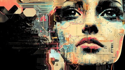 Abstract portrait of a woman with futuristic, digital elements.