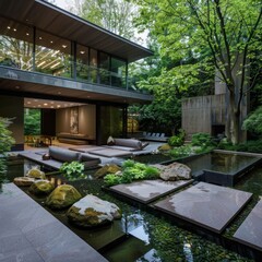 Canvas Print - Modern house with a tranquil pond and stone pathway in the garden.