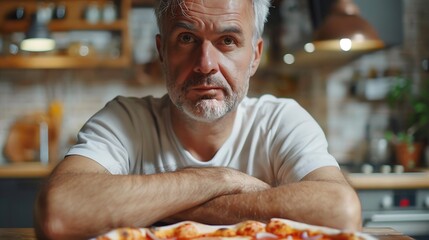 Portrait of grayhaired mature adult male eating tasty pizza thinking looking tired and bored with depression problems with crossed arms sitting alone at table in modern kitchen room : Generative AI