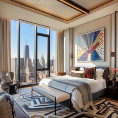 Canvas Print - Modern bedroom with city skyline view and colorful art.