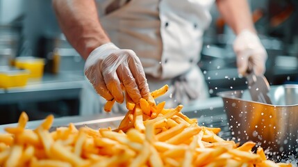 Wall Mural - chef preparing french fries in restaurant kitchen : Generative AI