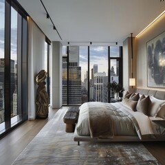 Wall Mural - Modern bedroom with city view, featuring a large bed, plush bedding, and a contemporary statue.