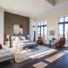 Wall Mural - Modern bedroom with city view, large windows, and a stylish rug.