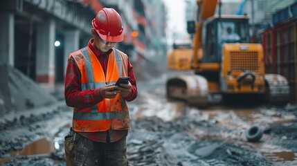 Poster - Construction engineer using mobile smart phone on site during inspection selective focus : Generative AI