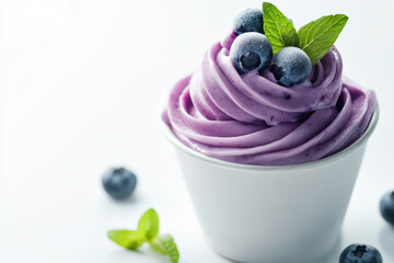 Blueberry frozen yogurt, beautifully placed in an elegant white bowl