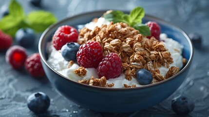 Poster - Healthy protein Cottage cheese breakfast bowl with granola blueberry and raspberry : Generative AI