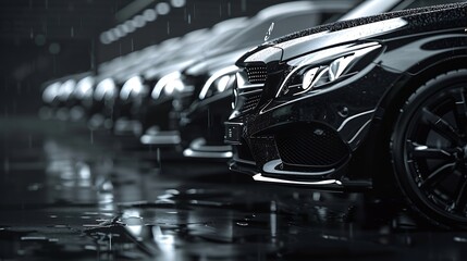 Black sedan cars standing in a row Fleet of generic modern cars Transportation Luxury car fleet consisting of generic brandless design isolated in dark background after rain wet surfac : Generative AI