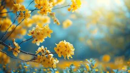 Canvas Print - blurred idyllic springtime landscape blue sky and flower meadow under the leaf branch a carpet of yellow cheerful blossoms blurred spring background : Generative AI