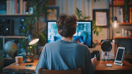 Poster - Rear view of young man sitting at his workspace and using smartphone Blank screen for graphics display montage : Generative AI