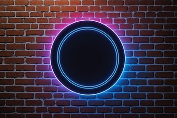 Wall Mural - Neon circle glowing geometric shape for banner and advertisement on brick wall