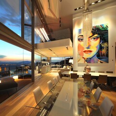 Wall Mural - Modern dining room with glass table, panoramic city views, and abstract painting.