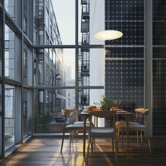 Wall Mural - Modern dining room with large windows and solar panels.