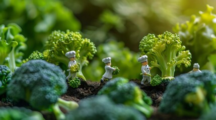 Poster - Fresh broccoli and miniature chefs Fresh greens and miniature people with business concept : Generative AI