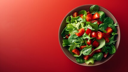 Poster - Vegetarian green salad on trendy red background with hard shadow Green bowl with vegetables and tofu in minimal style Contemporary food menu Healthy food in modern concept : Generative AI