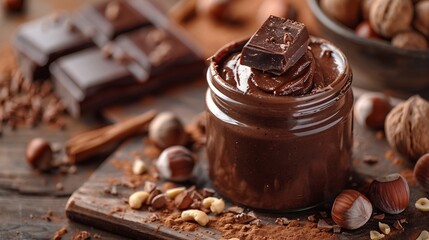 Poster - Chocolate paste with nuts in a jar Dessert Vegetarian food : Generative AI