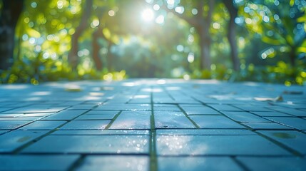 Empty tiles floor at the nice and peaceful comfortable great nature park panorama : Generative AI