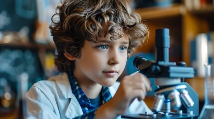 Aufkleber - Composition of boy using microscope in science class with blue blurred copy space to right education and science research concept digitally generated image : Generative AI