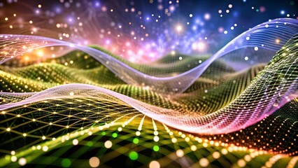 Poster - Abstract digital wave of particles. Futuristic point wave. Technology background. Wave with moving dots and lines. Particle flow