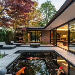 Poster - Modern home with a koi pond and patio furniture.