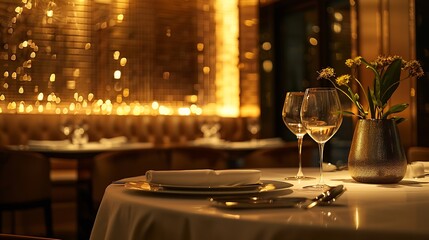 Photo of a modern dining table in an elegant room restaurant with luxurious gold walls : Generative AI