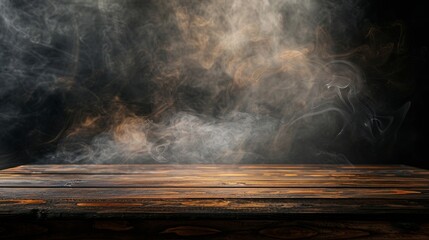 Aufkleber - On a black background an empty wooden table with smoke floats up Empty space for displaying your products with a smoke float up on a dark background Space available for displaying your : Generative AI