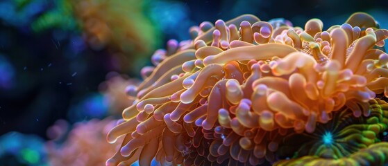 A close up of a sea anemone with pink and orange tentacles