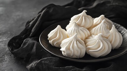 Wall Mural - Turkish beze, or meringues, arranged elegantly on a black handkerchief. These light and airy confections showcase their delicate texture and sweetness against the contrasting dark fabric.