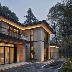 Poster - Modern house with stone facade and lit up patio at dusk.