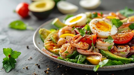 Poster - Healthy salad with squid and avocado on white plate with harsh shadows Calamari salad with vegetables and eggs on white background with shadows of leaves Summer food menu : Generative AI